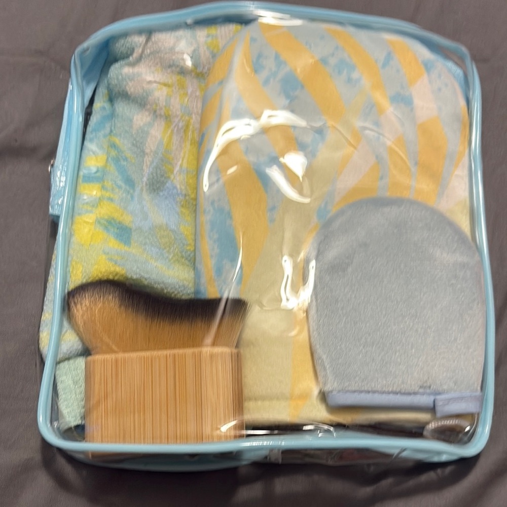 Blue and Yellow Towel Set with Brush and Mitt